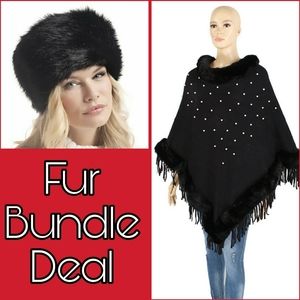 Black Pearl Fur Trim Poncho & Hat Bundle